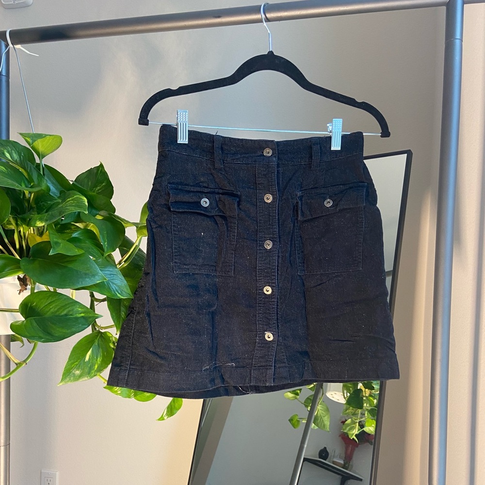 Black mini skirt - figure shaping contouring button up corduroy